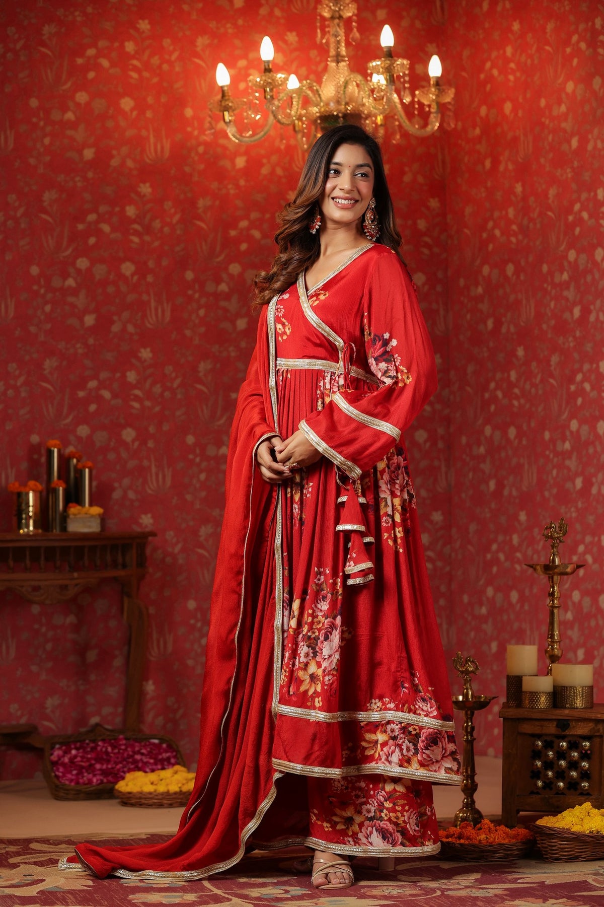 Maroon Chinon Printed Lace Deatiling Angarkha Anarkali Set Of 3