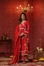Maroon Chinon Printed Lace Deatiling Angarkha Anarkali Set Of 3