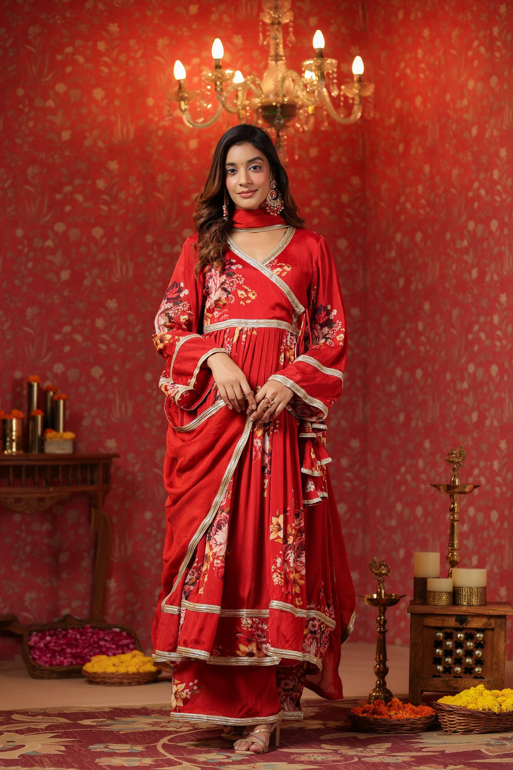 Maroon Chinon Printed Lace Deatiling Angarkha Anarkali Set Of 3