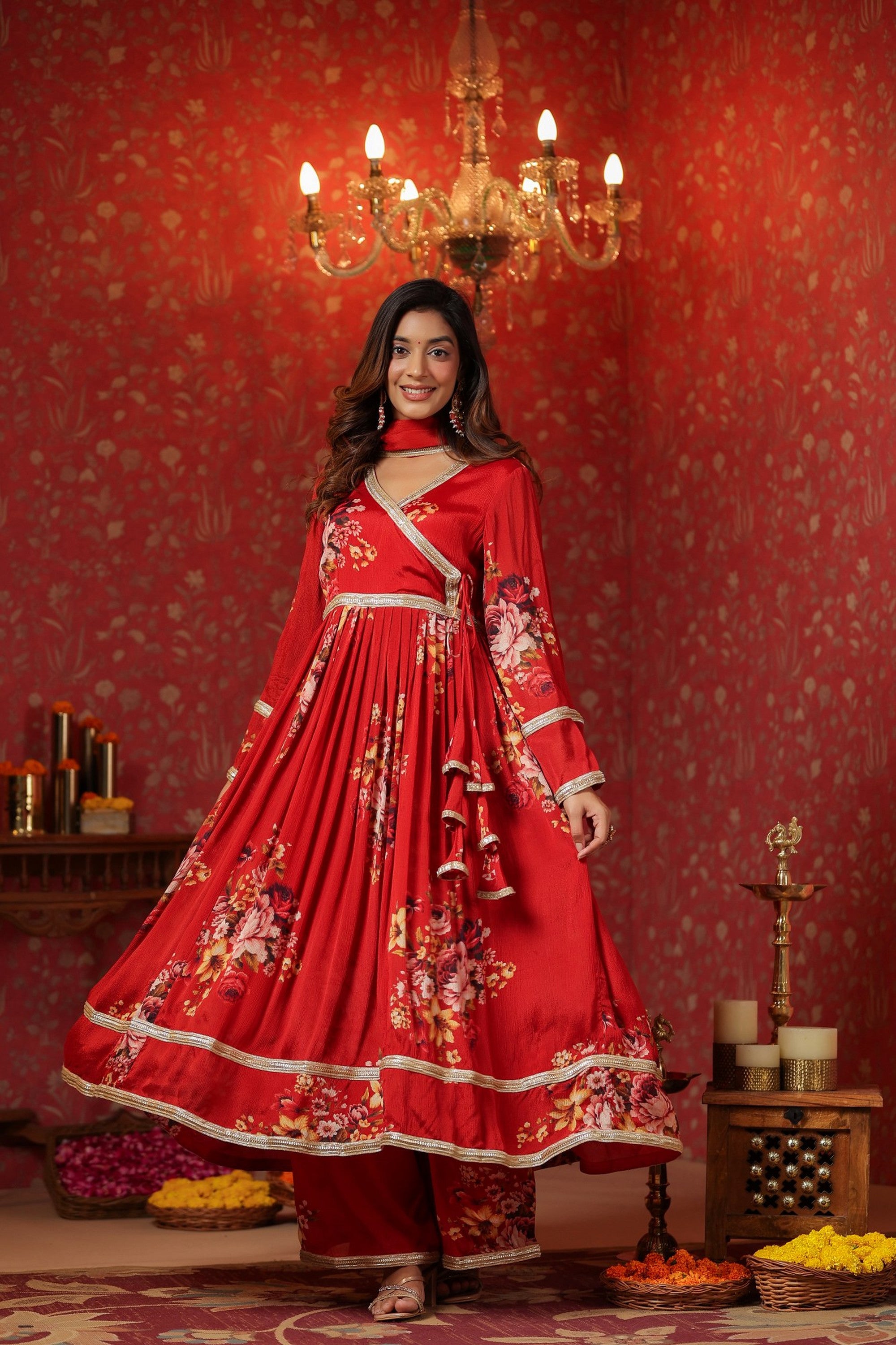 Maroon Chinon Printed Lace Deatiling Angarkha Anarkali Set Of 3