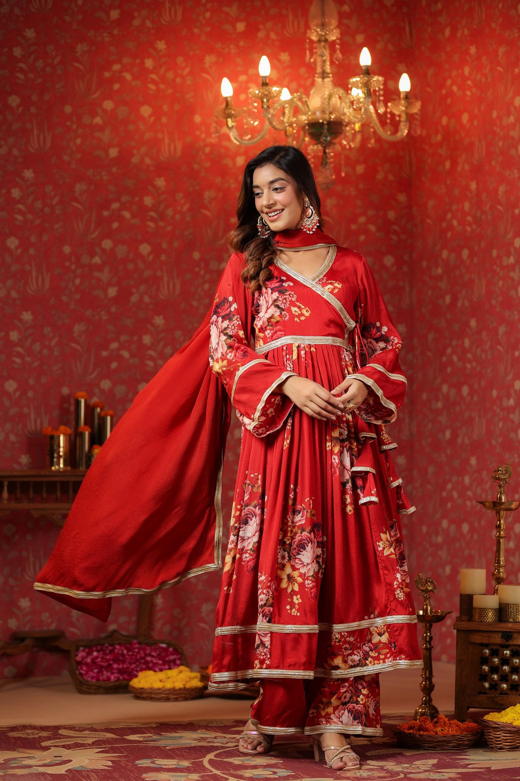Maroon Chinon Printed Lace Deatiling Angarkha Anarkali Set Of 3