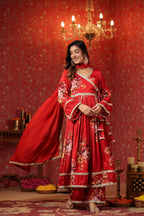 Maroon Chinon Printed Lace Deatiling Angarkha Anarkali Set Of 3