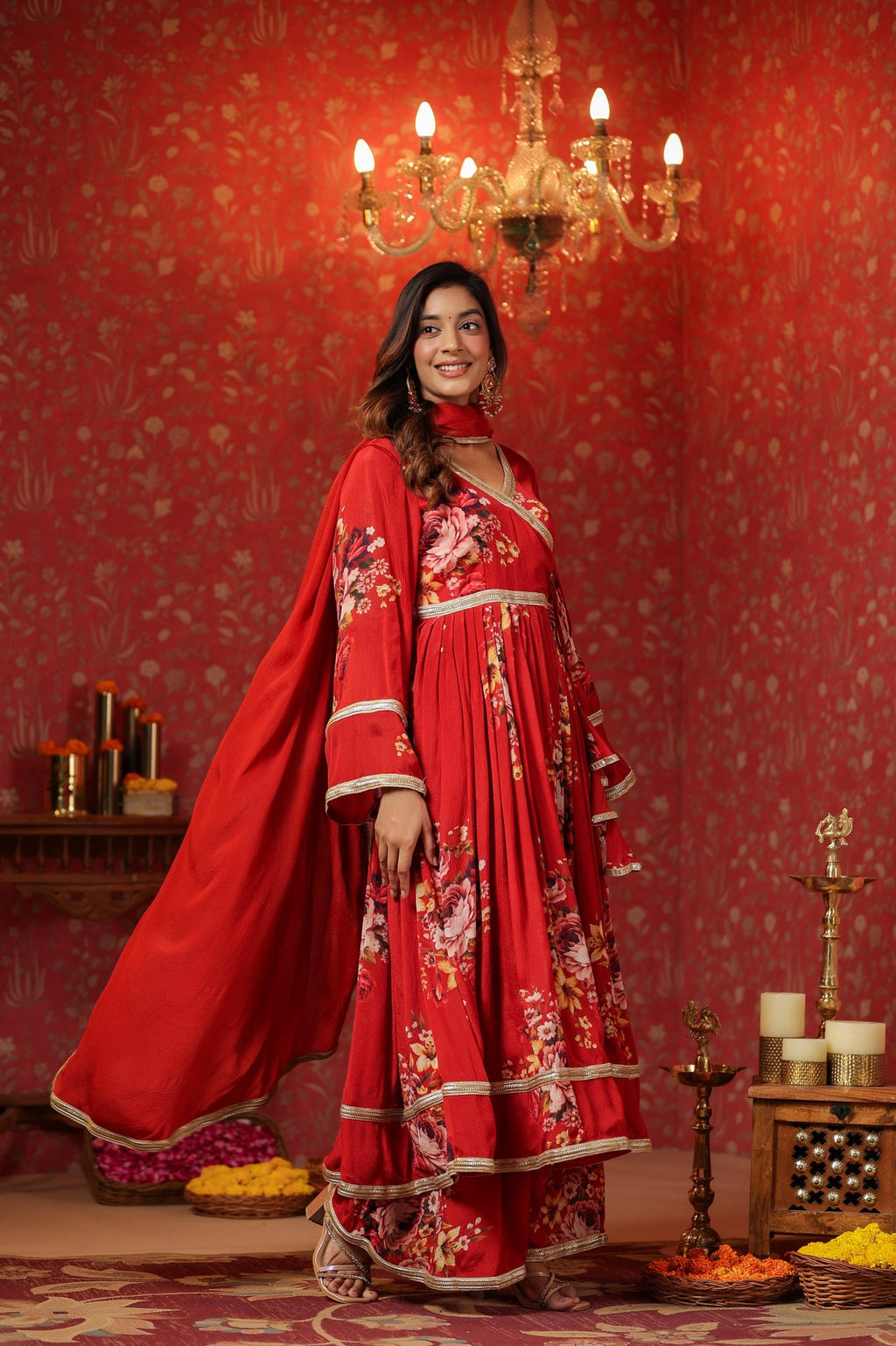 Maroon Chinon Printed Lace Deatiling Angarkha Anarkali Set Of 3