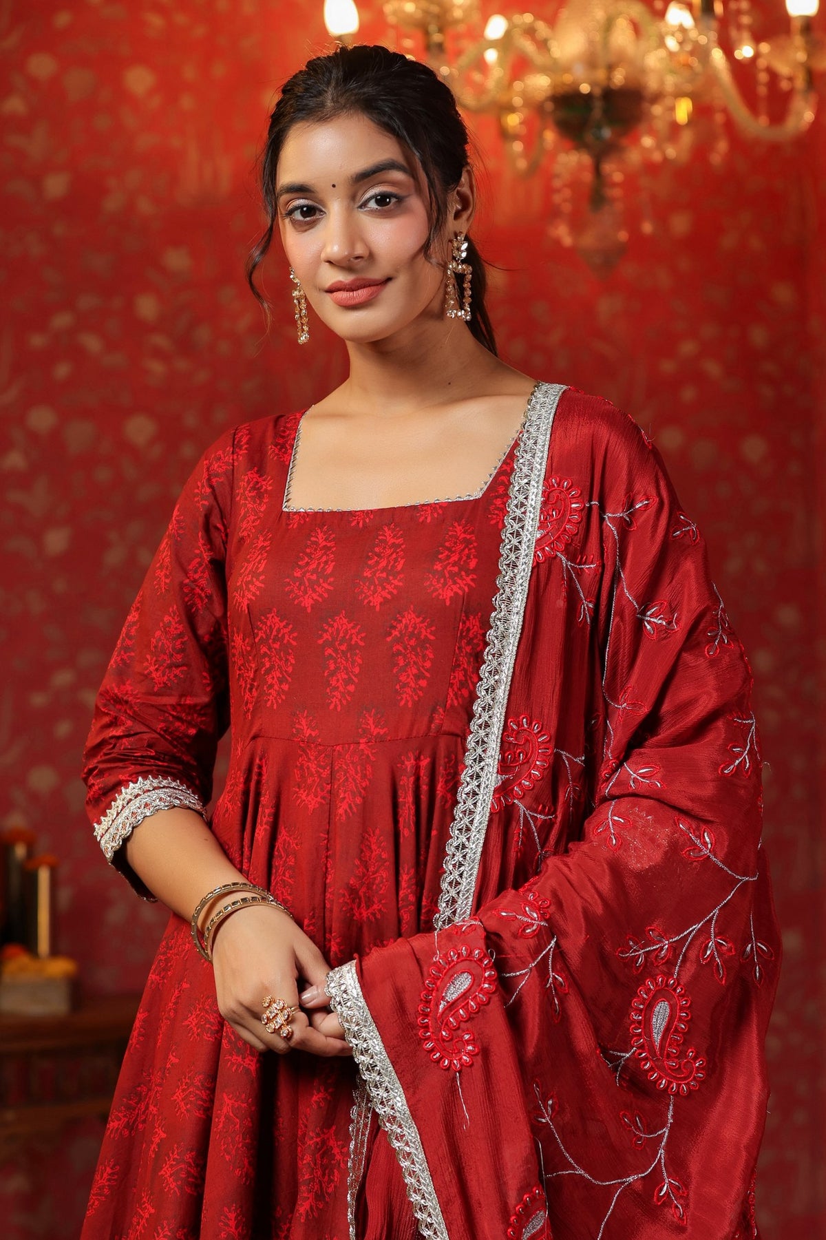Maroon Cotton Square Neck Anarkali Set  With Embroidery Duptta Of 3