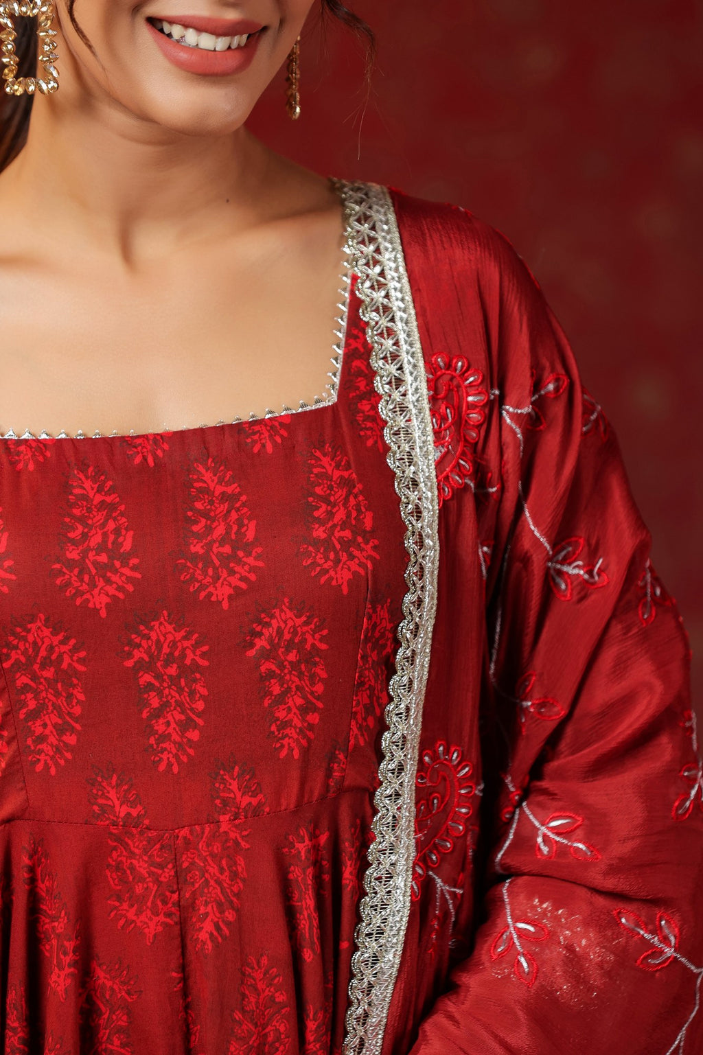 Maroon Cotton Square Neck Anarkali Set  With Embroidery Duptta Of 3