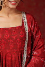 Maroon Cotton Square Neck Anarkali Set  With Embroidery Duptta Of 3