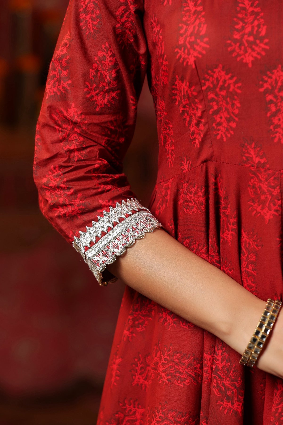 Maroon Cotton Square Neck Anarkali Set  With Embroidery Duptta Of 3