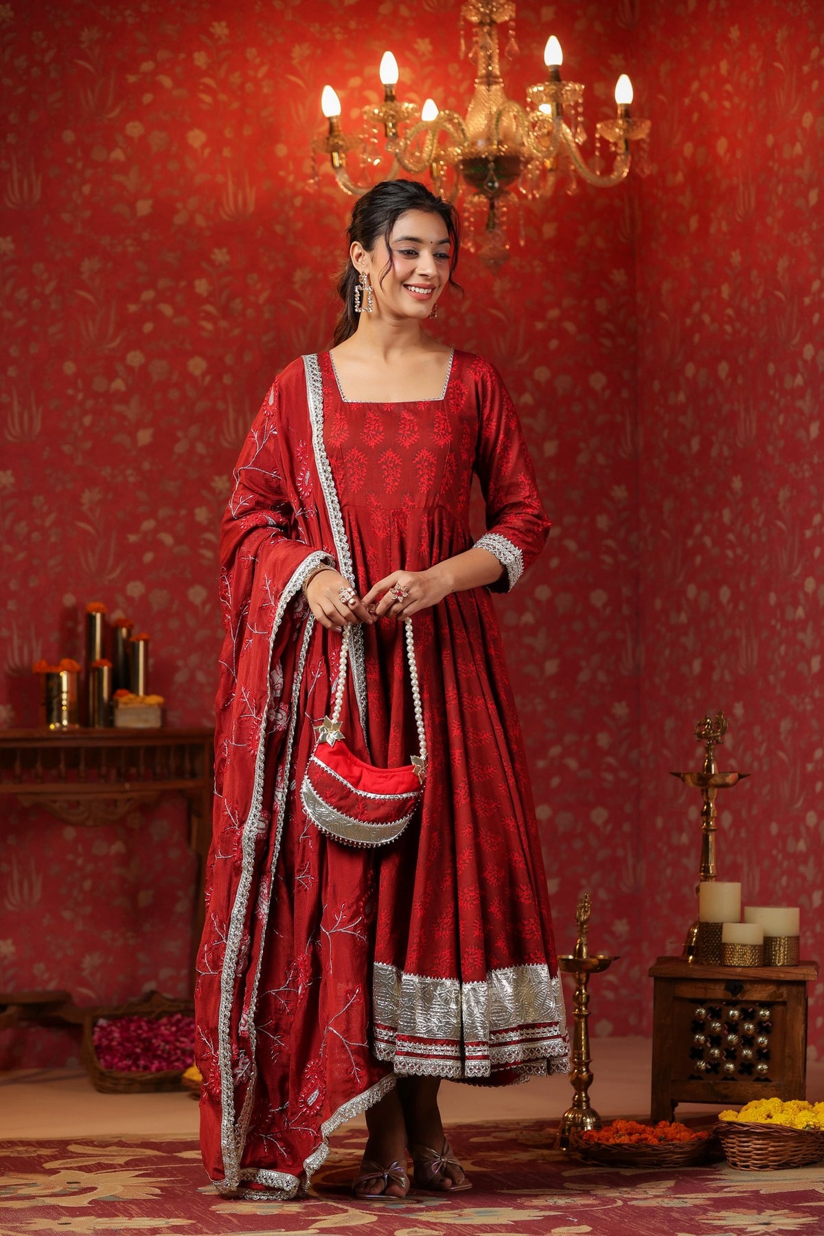 Maroon Cotton Square Neck Anarkali Set  With Embroidery Duptta Of 3