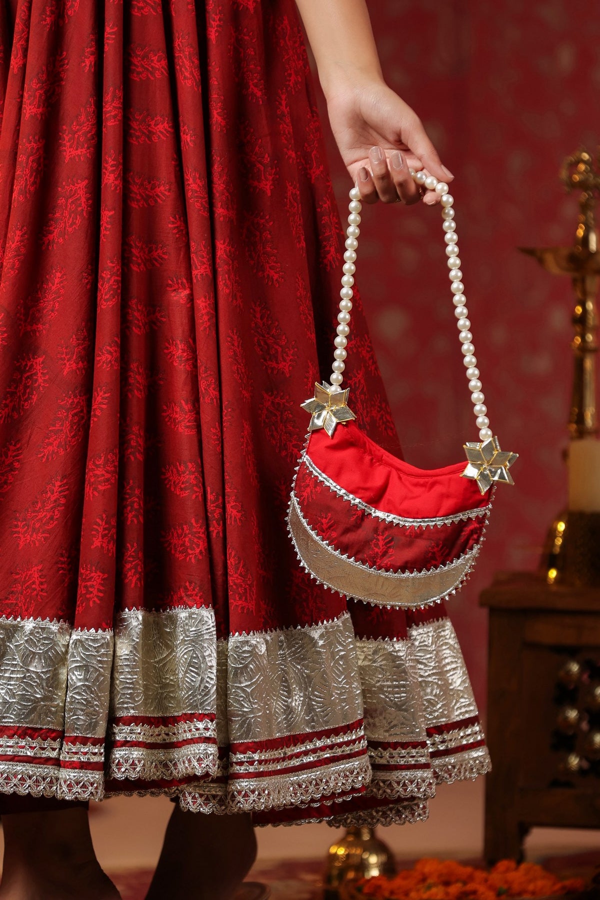 Maroon Cotton Square Neck Anarkali Set  With Embroidery Duptta Of 3