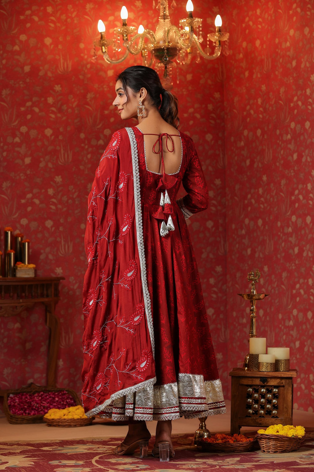 Maroon Cotton Square Neck Anarkali Set  With Embroidery Duptta Of 3