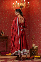 Maroon Cotton Square Neck Anarkali Set  With Embroidery Duptta Of 3