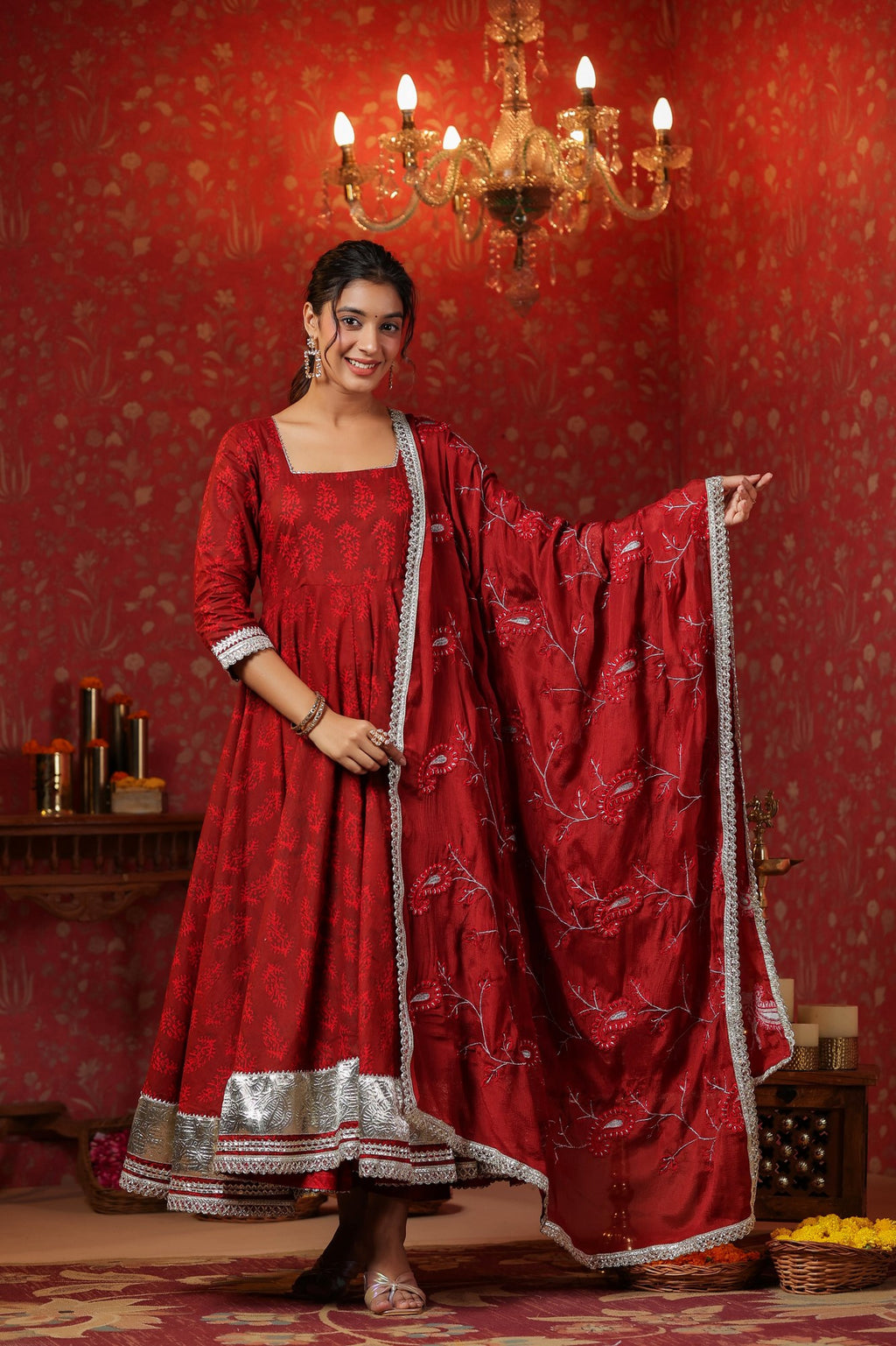 Maroon Cotton Square Neck Anarkali Set  With Embroidery Duptta Of 3