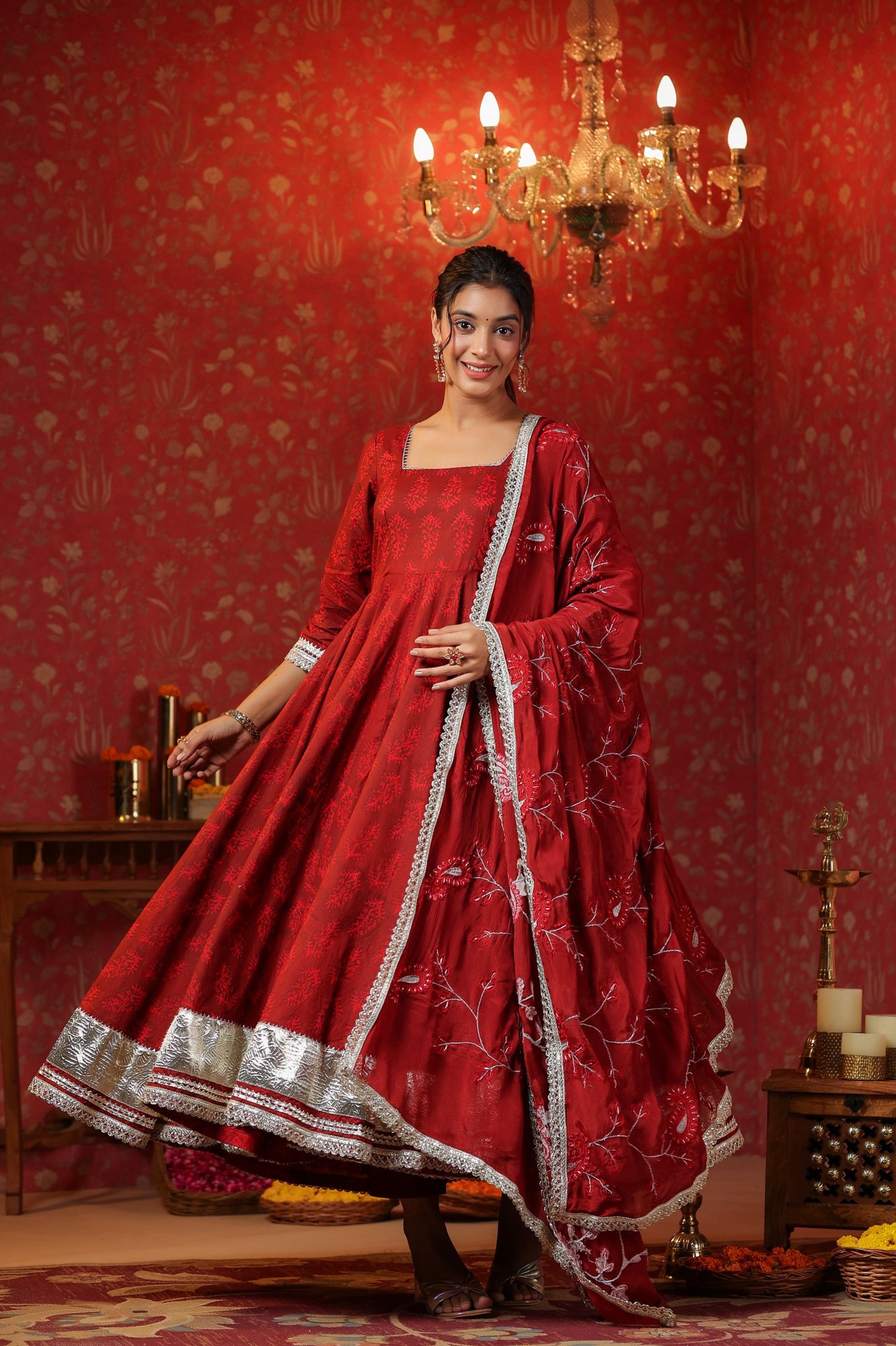 Maroon Cotton Square Neck Anarkali Set  With Embroidery Duptta Of 3