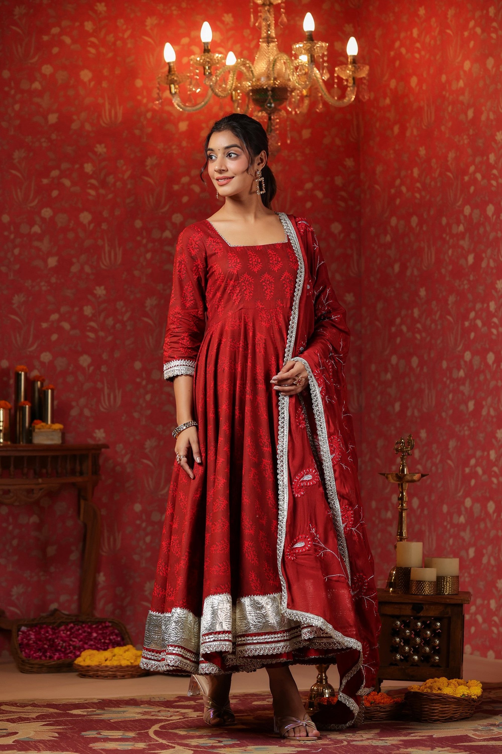 Maroon Cotton Square Neck Anarkali Set  With Embroidery Duptta Of 3