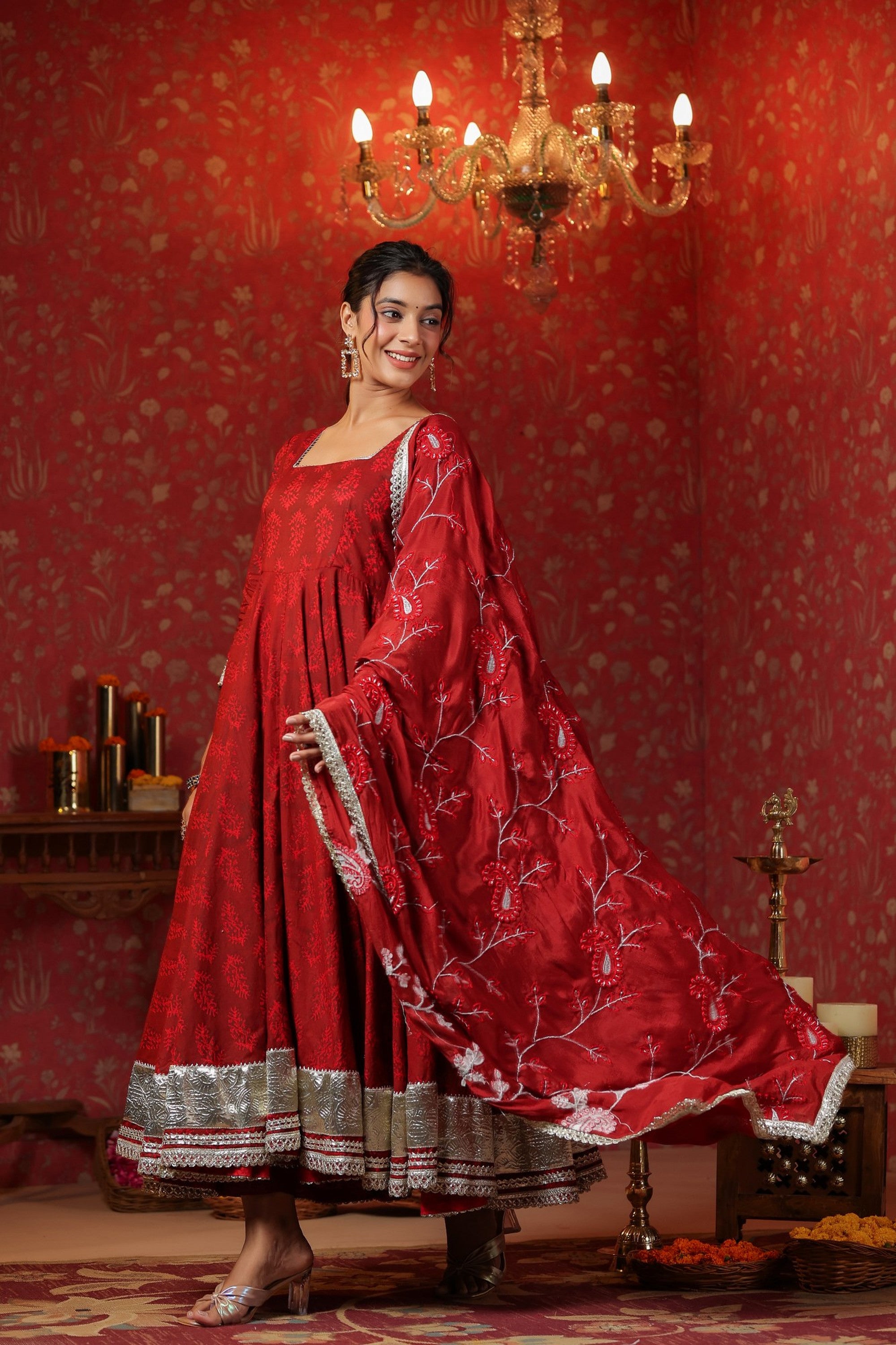 Maroon Cotton Square Neck Anarkali Set  With Embroidery Duptta Of 3