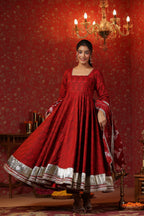 Maroon Cotton Square Neck Anarkali Set  With Embroidery Duptta Of 3