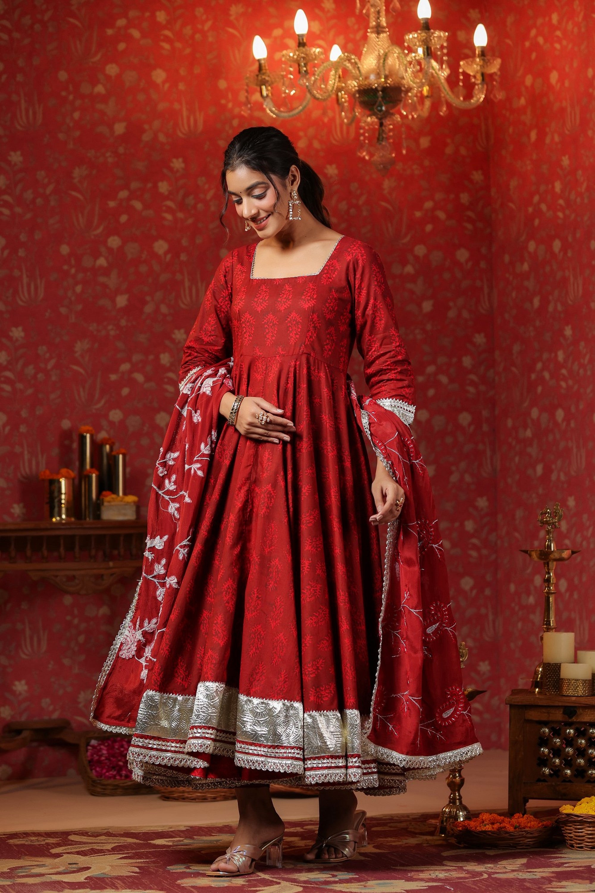 Maroon Cotton Square Neck Anarkali Set  With Embroidery Duptta Of 3