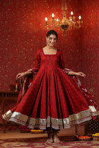 Maroon Cotton Square Neck Anarkali Set  With Embroidery Duptta Of 3