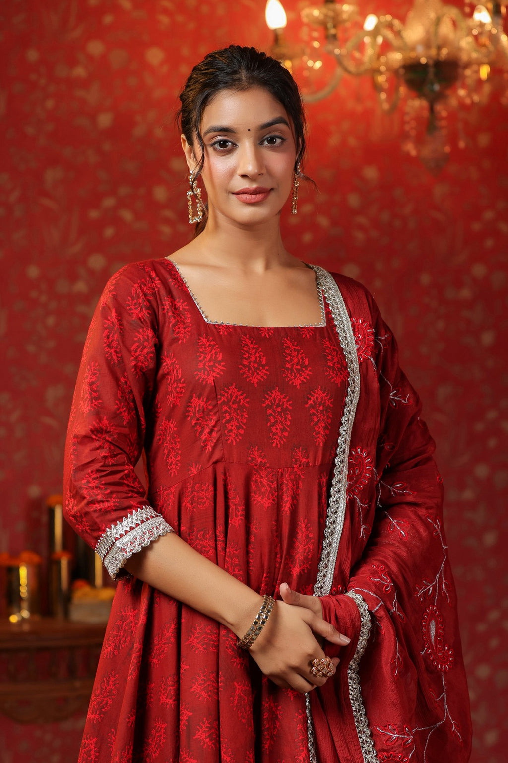 Maroon Cotton Square Neck Anarkali Set  With Embroidery Duptta Of 3