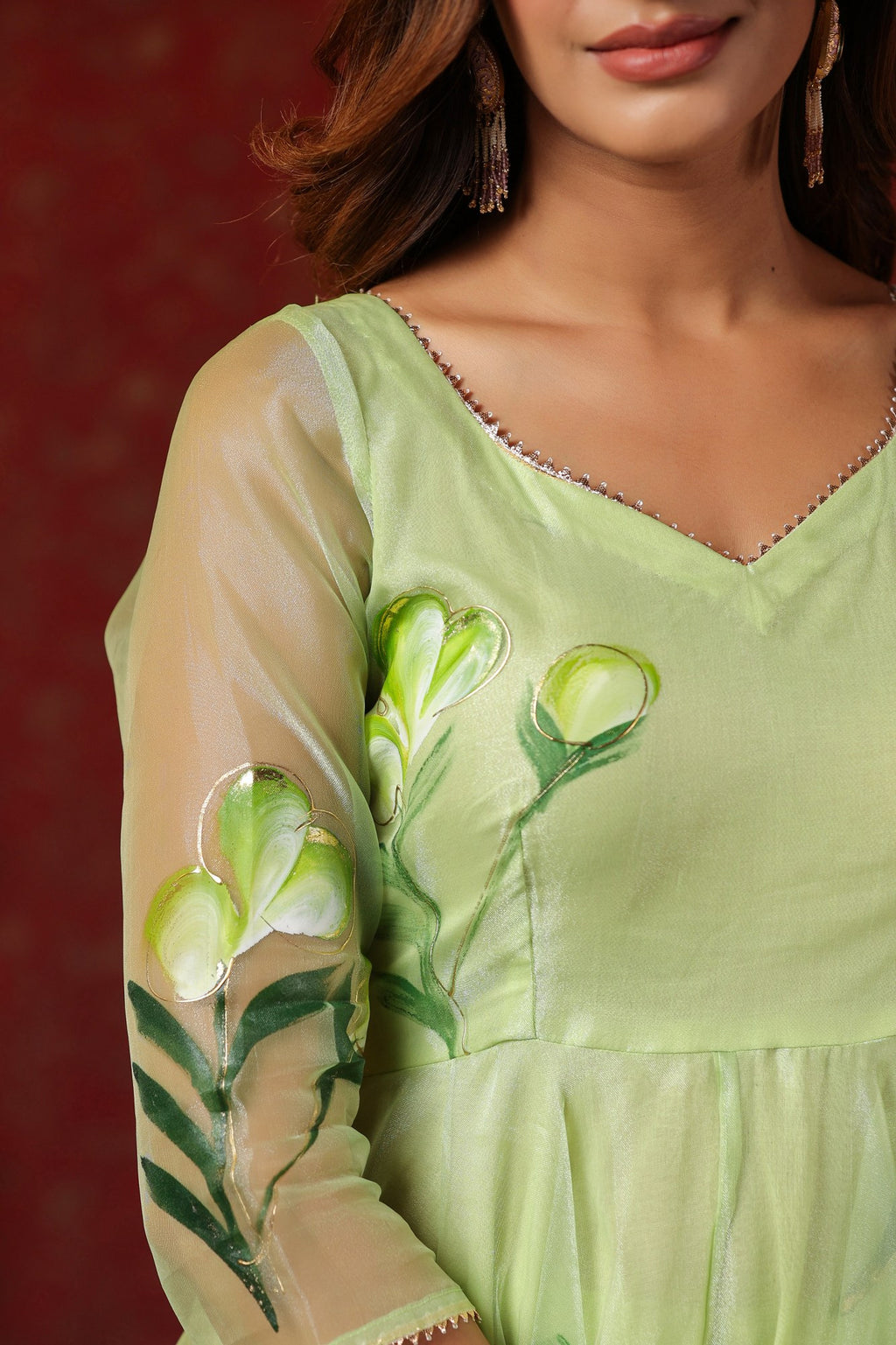 Parrot Green  Organza Brush Print Anarkali Set Of 3