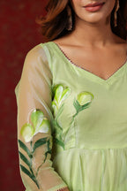 Parrot Green  Organza Brush Print Anarkali Set Of 3