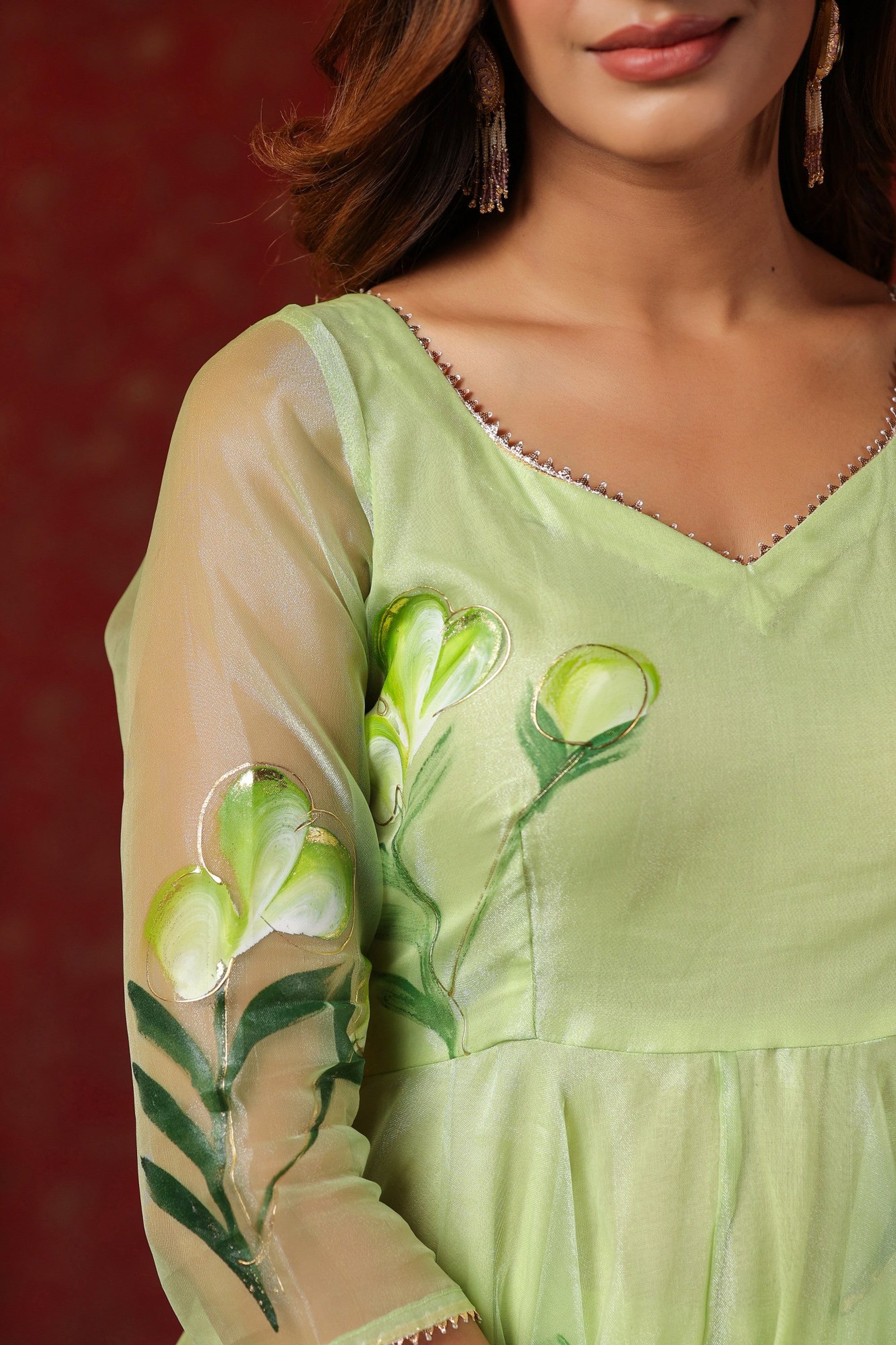 Parrot Green  Organza Brush Print Anarkali Set Of 3