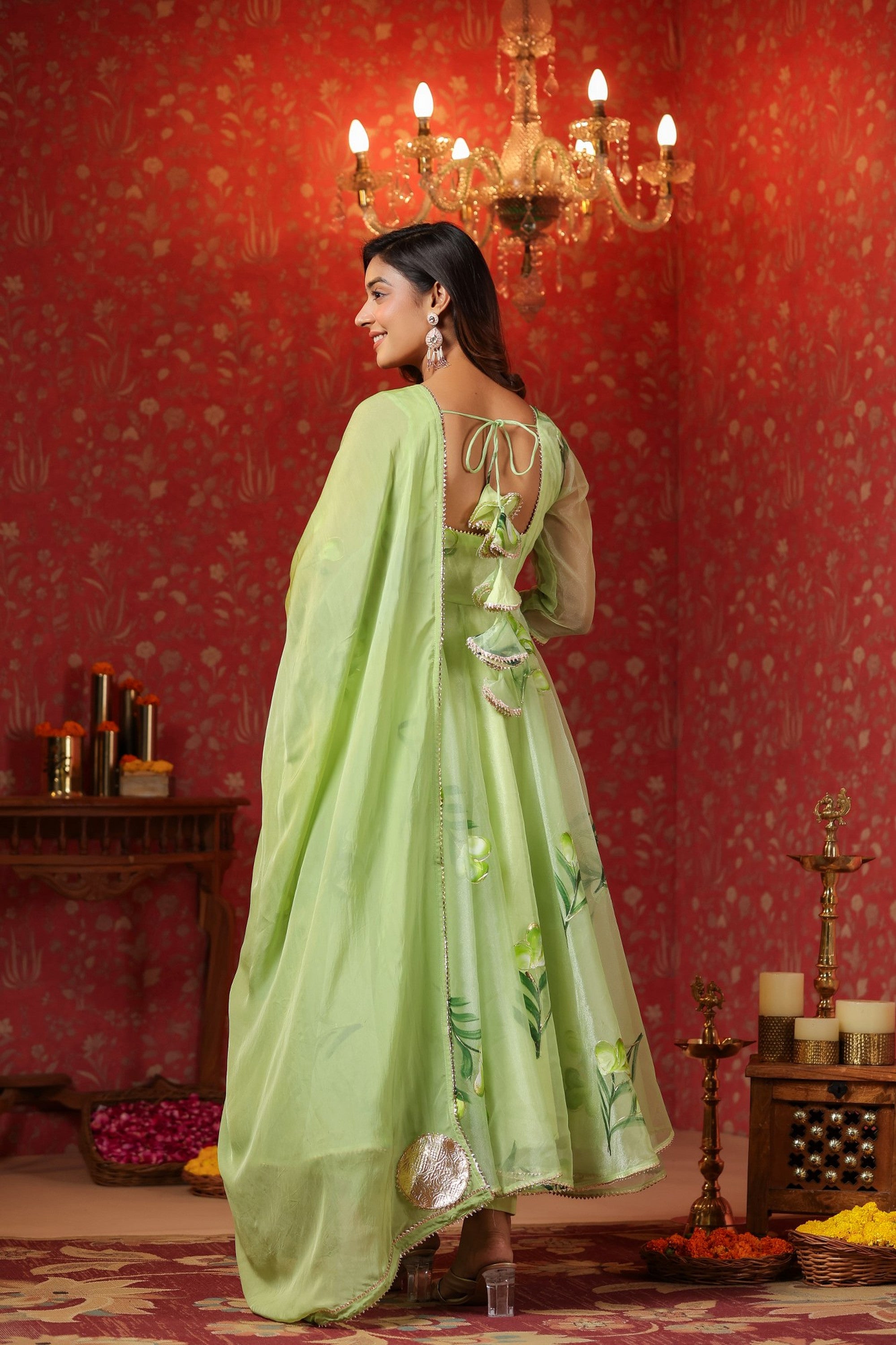 Parrot Green  Organza Brush Print Anarkali Set Of 3