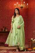 Parrot Green  Organza Brush Print Anarkali Set Of 3