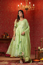 Parrot Green  Organza Brush Print Anarkali Set Of 3