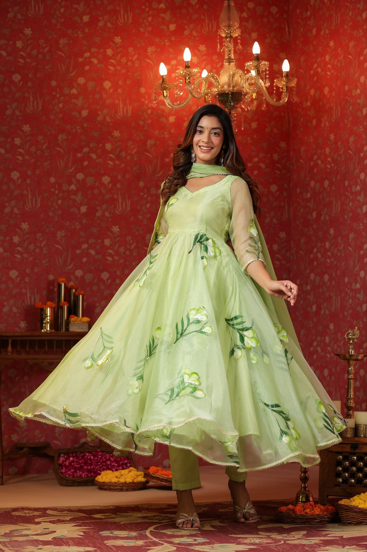 Parrot Green  Organza Brush Print Anarkali Set Of 3