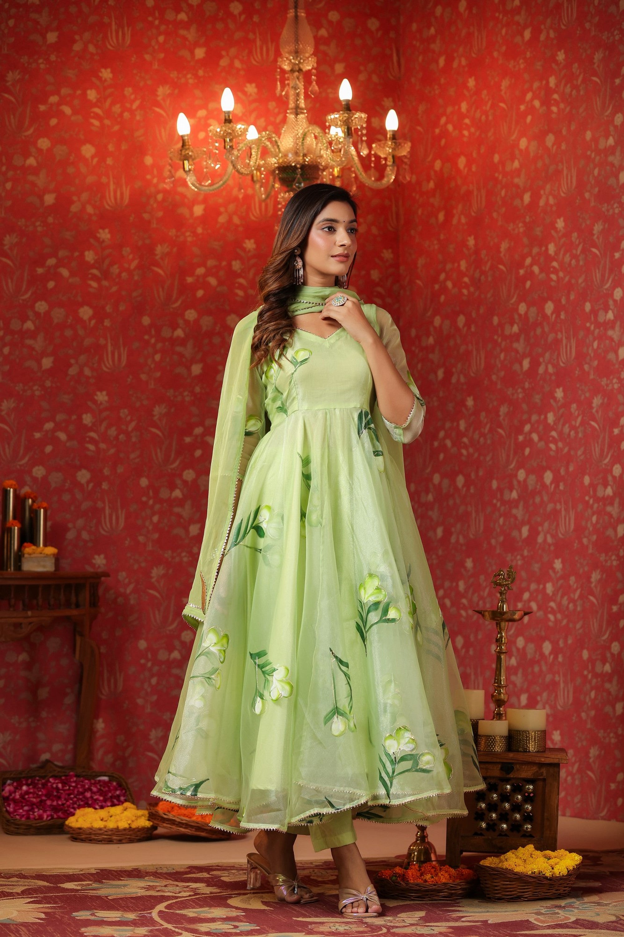 Parrot Green  Organza Brush Print Anarkali Set Of 3