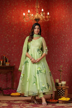 Parrot Green  Organza Brush Print Anarkali Set Of 3