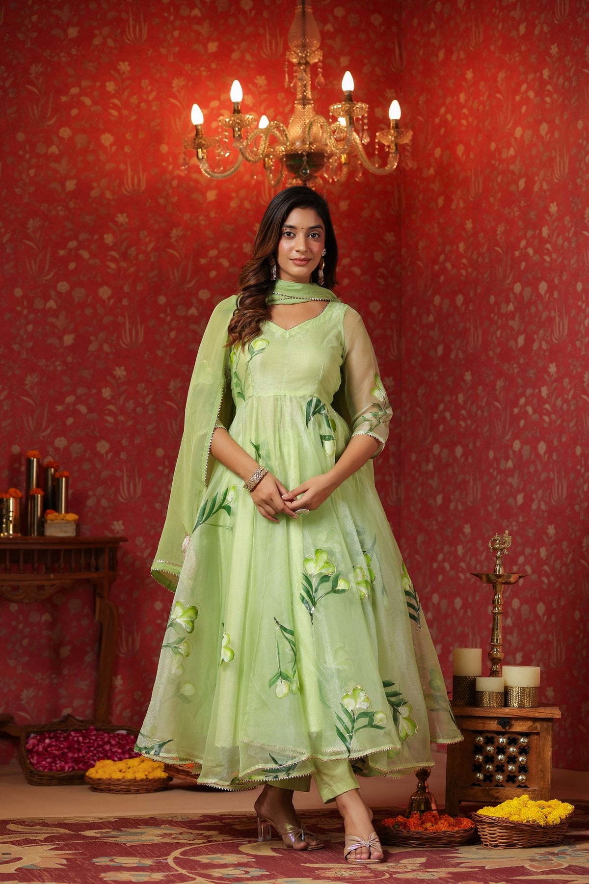 Parrot Green  Organza Brush Print Anarkali Set Of 3