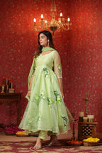 Parrot Green  Organza Brush Print Anarkali Set Of 3