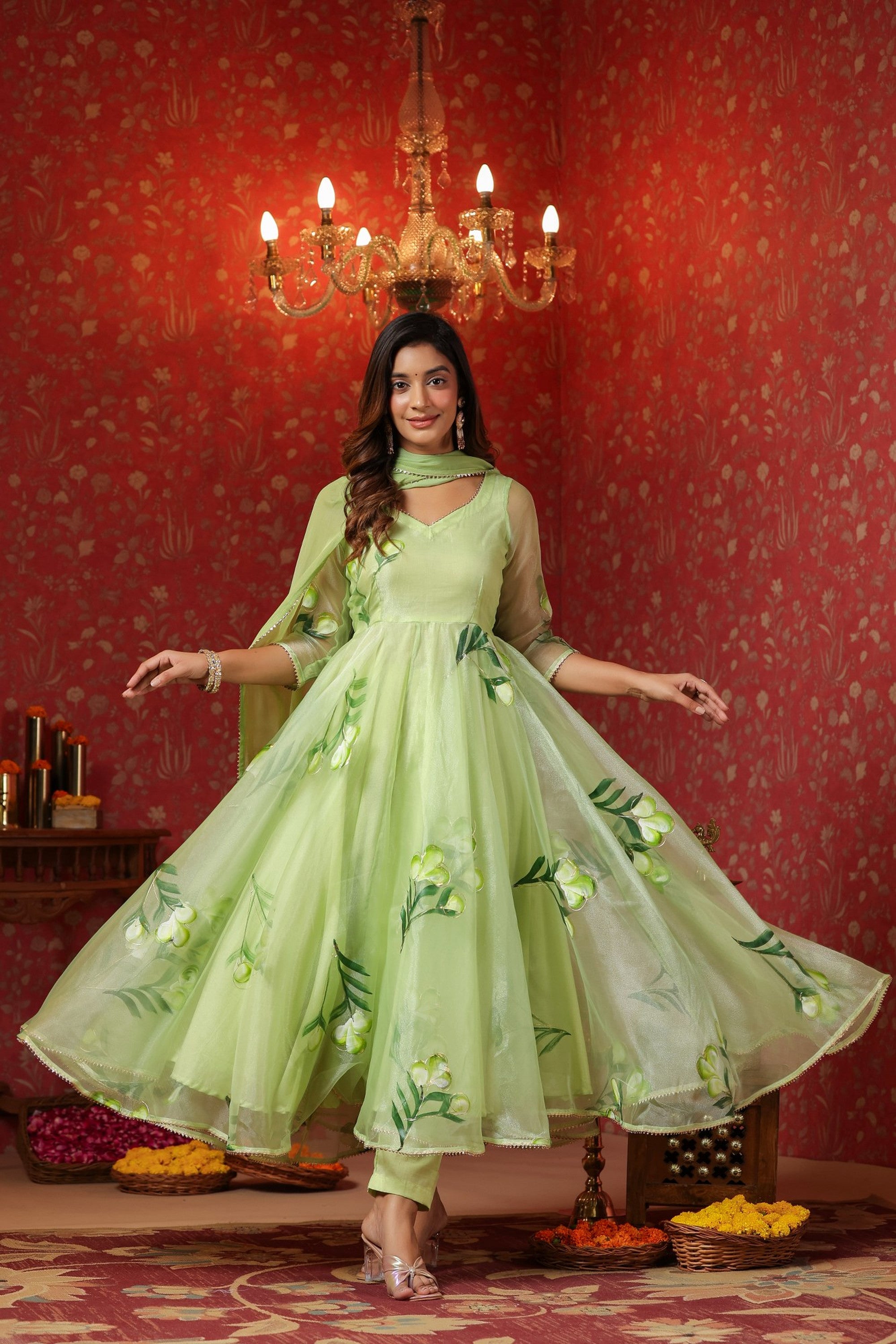 Parrot Green  Organza Brush Print Anarkali Set Of 3