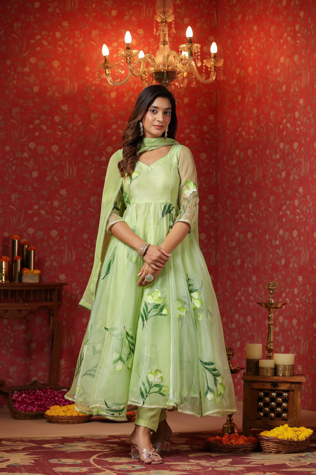 Parrot Green  Organza Brush Print Anarkali Set Of 3