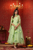 Parrot Green  Organza Brush Print Anarkali Set Of 3