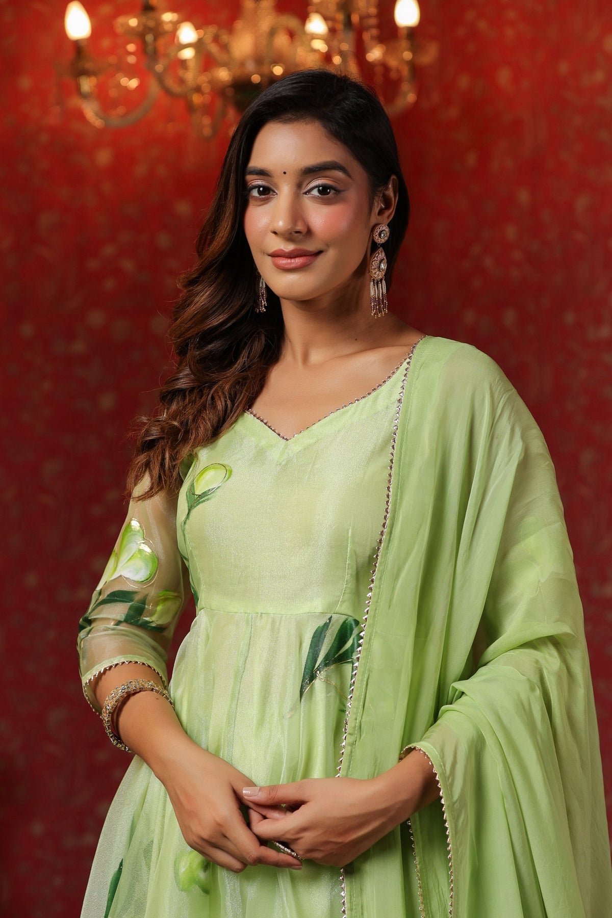 Parrot Green  Organza Brush Print Anarkali Set Of 3