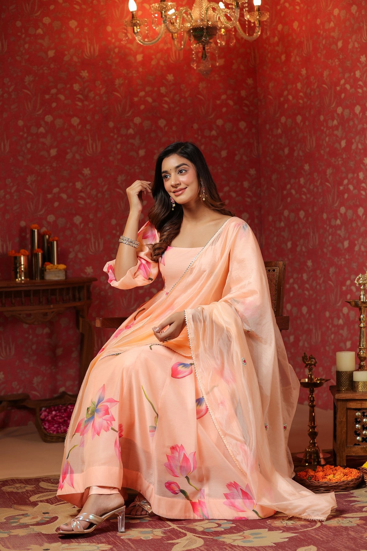 Peach Chanderi  Printed Squar Neck Anarkali Suit Set Of 3