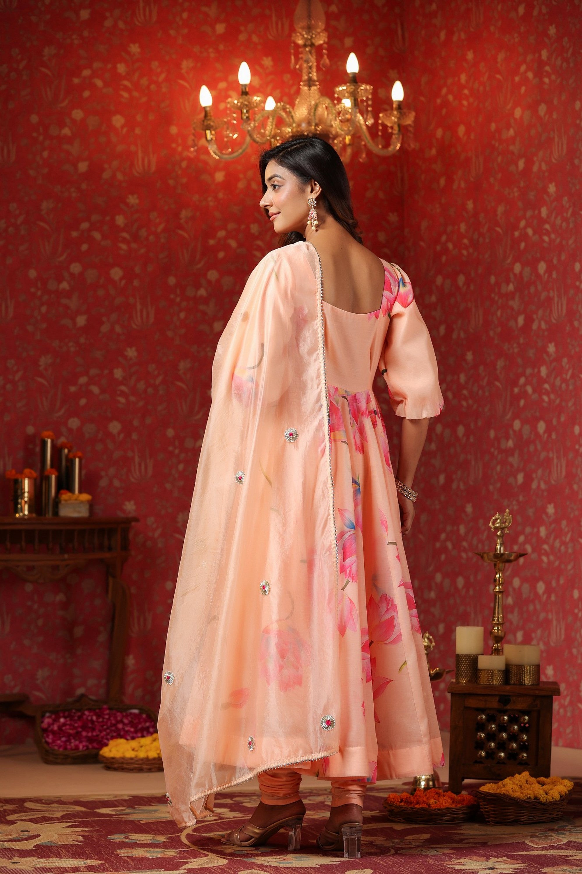 Peach Chanderi  Printed Squar Neck Anarkali Suit Set Of 3