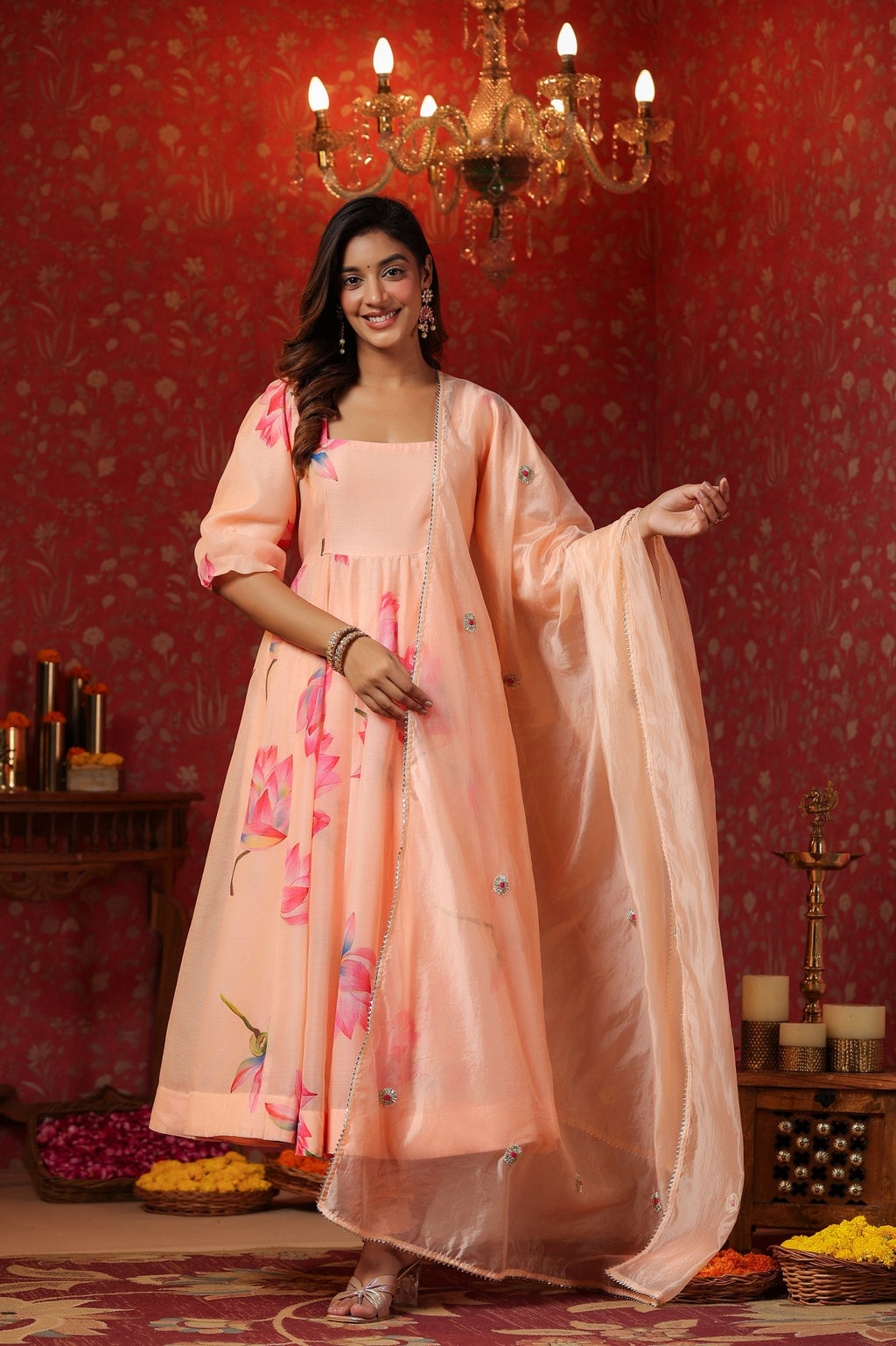 Peach Chanderi  Printed Squar Neck Anarkali Suit Set Of 3