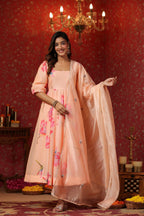 Peach Chanderi  Printed Squar Neck Anarkali Suit Set Of 3