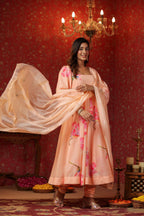 Peach Chanderi  Printed Squar Neck Anarkali Suit Set Of 3