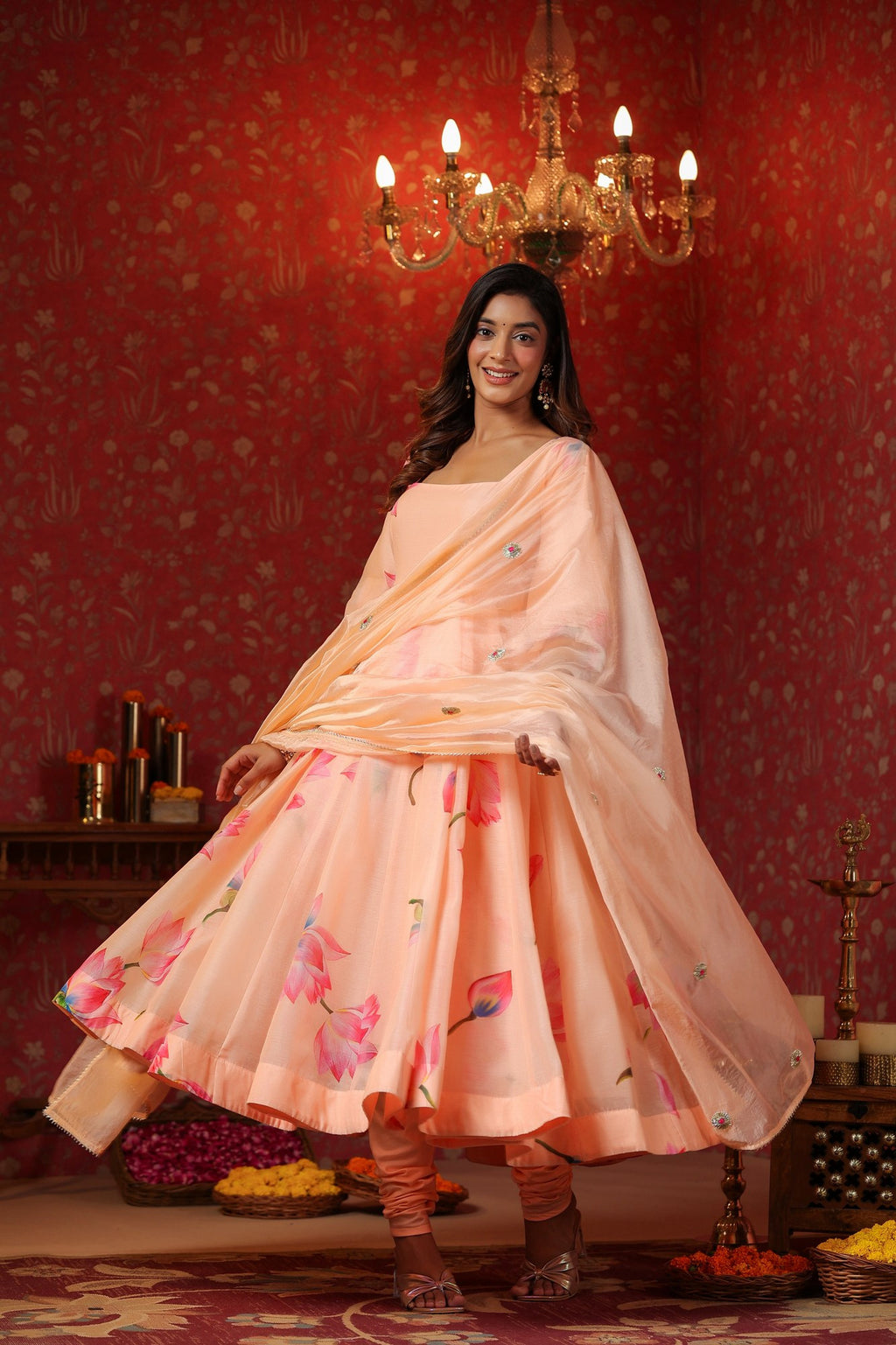 Peach Chanderi  Printed Squar Neck Anarkali Suit Set Of 3