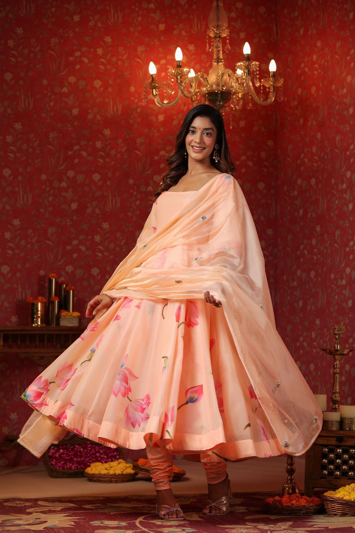 Peach Chanderi  Printed Squar Neck Anarkali Suit Set Of 3