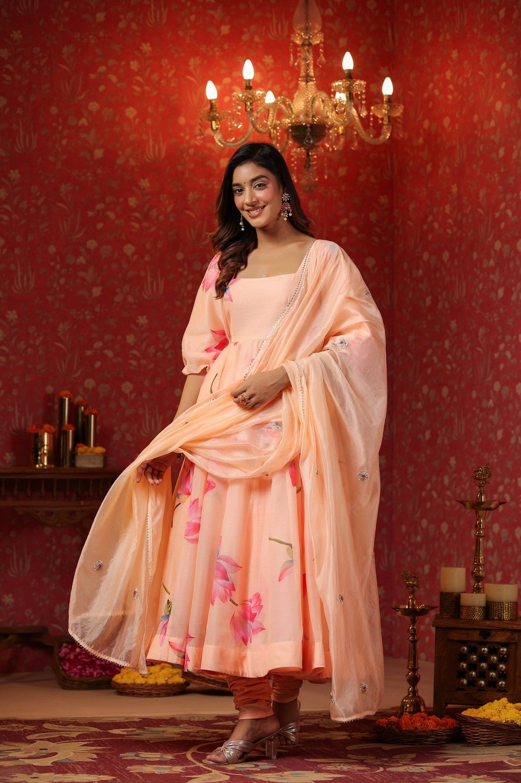 Peach Chanderi  Printed Squar Neck Anarkali Suit Set Of 3
