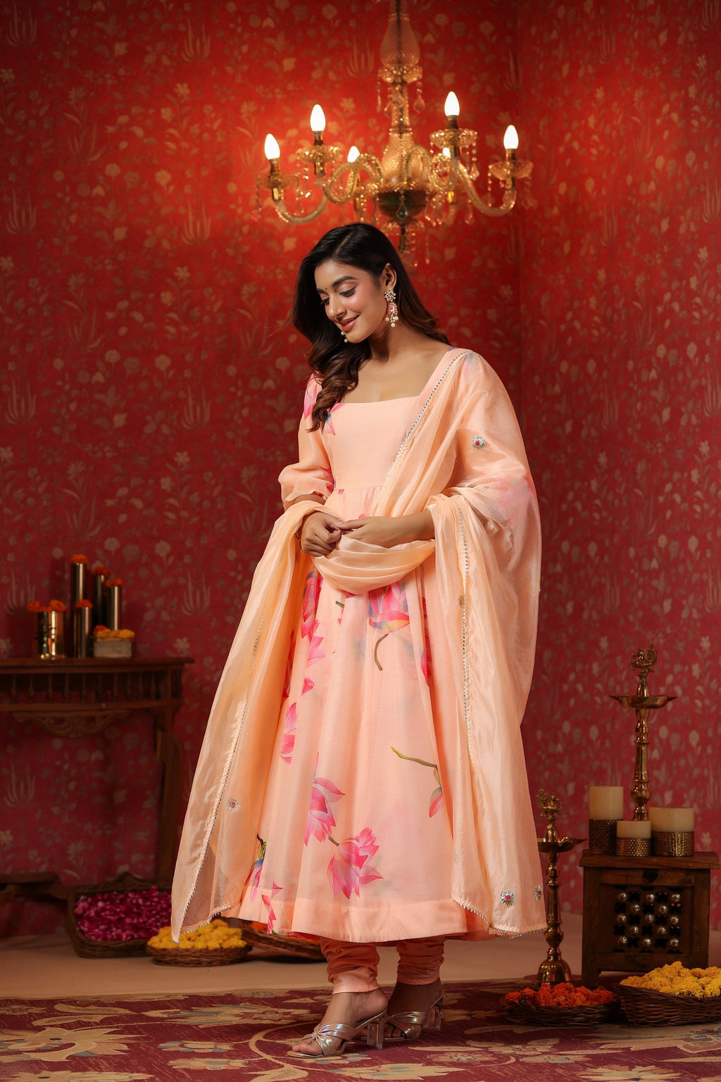 Peach Chanderi  Printed Squar Neck Anarkali Suit Set Of 3