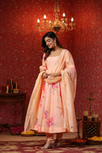 Peach Chanderi  Printed Squar Neck Anarkali Suit Set Of 3