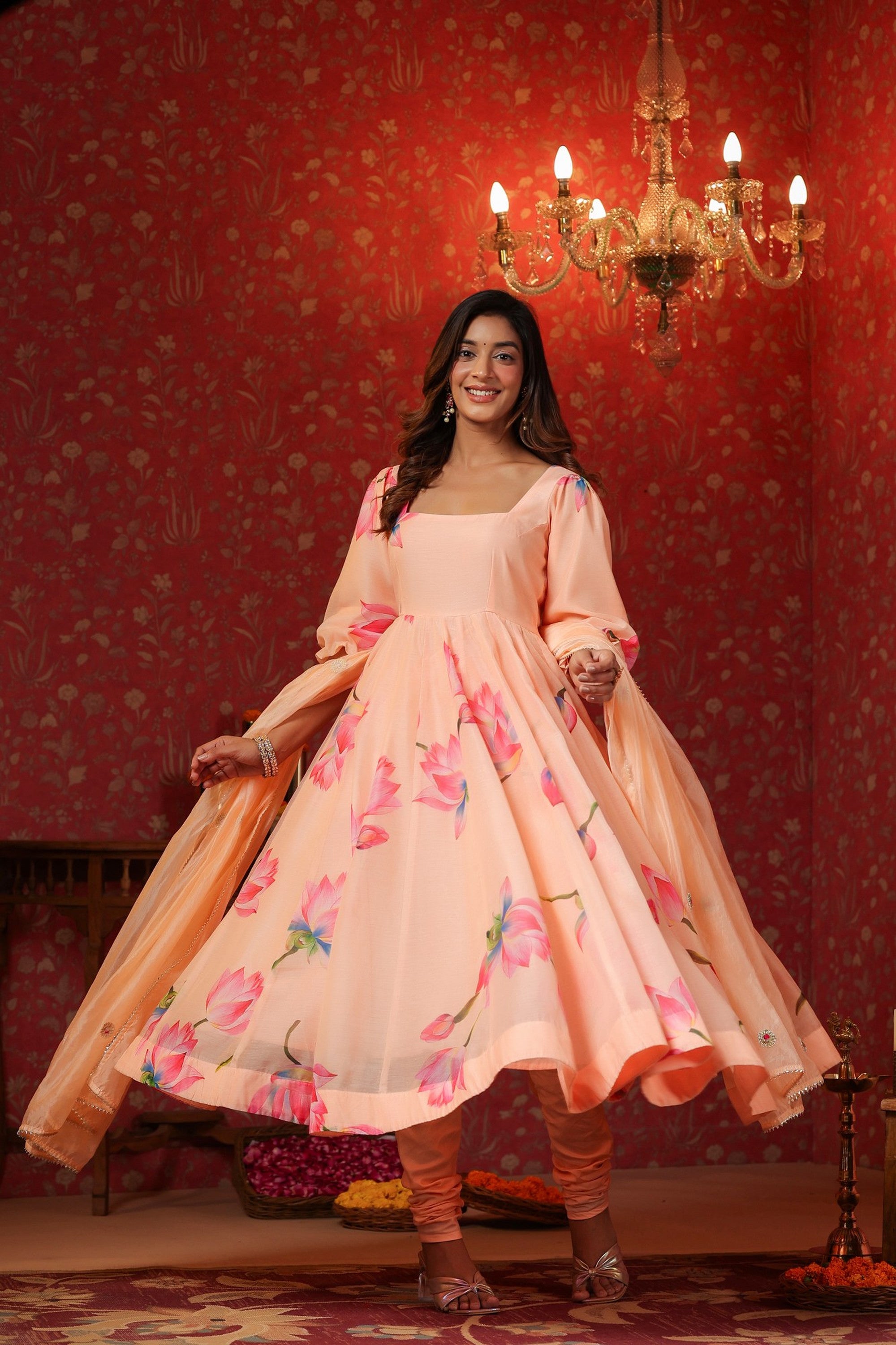 Peach Chanderi  Printed Squar Neck Anarkali Suit Set Of 3