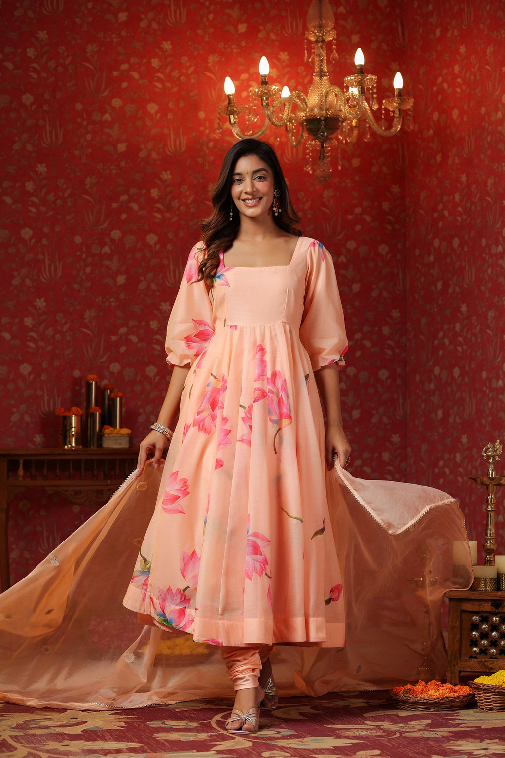 Peach Chanderi  Printed Squar Neck Anarkali Suit Set Of 3